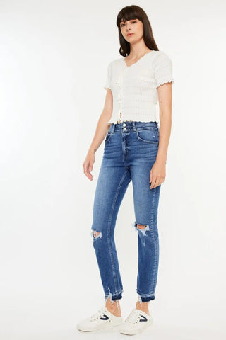 Kancan High Rise Distressed Slim Straight Jeans - Just Believe Boutique