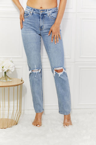 Kancan High Rise Distressed Slim Straight Jeans - Just Believe Boutique