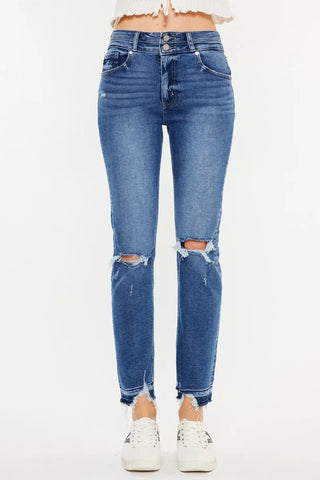 Kancan High Rise Distressed Slim Straight Jeans - Just Believe Boutique