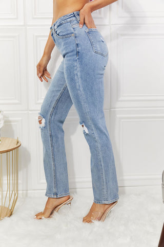 Kancan High Rise Distressed Slim Straight Jeans - Just Believe Boutique