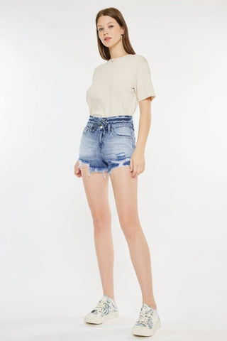 Kancan High Rise Frayed Hem Denim Shorts - Just Believe Boutique