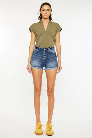 Kancan High Rise Frayed Hem Denim Shorts - Just Believe Boutique