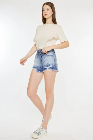 Kancan High Rise Frayed Hem Denim Shorts - Just Believe Boutique