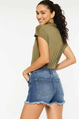 Kancan High Rise Frayed Hem Denim Shorts - Just Believe Boutique
