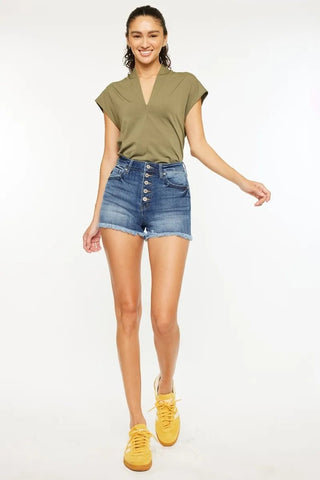 Kancan High Rise Frayed Hem Denim Shorts - Just Believe Boutique