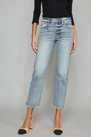 Kancan High Waist Button Fly Raw Hem Cropped Straight Jeans - Just Believe Boutique