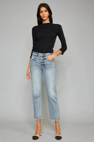 Kancan High Waist Button Fly Raw Hem Cropped Straight Jeans - Just Believe Boutique