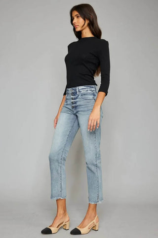 Kancan High Waist Button Fly Raw Hem Cropped Straight Jeans - Just Believe Boutique