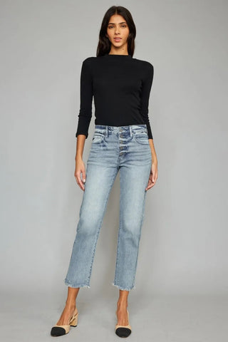 Kancan High Waist Button Fly Raw Hem Cropped Straight Jeans - Just Believe Boutique