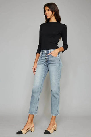 Kancan High Waist Button Fly Raw Hem Cropped Straight Jeans - Just Believe Boutique