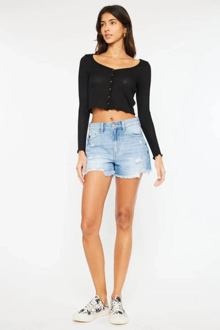 Kancan High Waist Frayed Denim Shorts - Just Believe Boutique