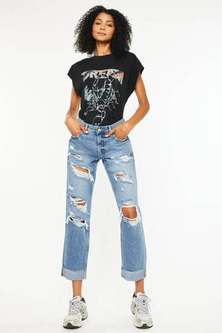 Kancan Mid Rise Distressed Boyfriend Fit Jeans - Just Believe Boutique