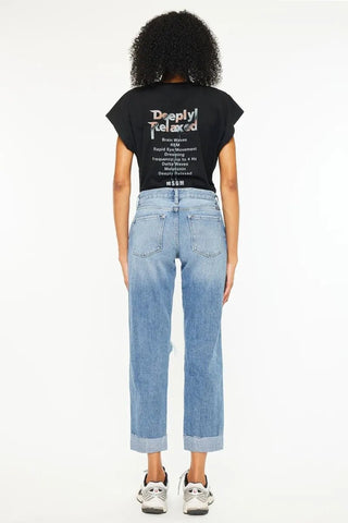 Kancan Mid Rise Distressed Boyfriend Fit Jeans - Just Believe Boutique