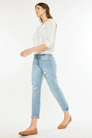 Kancan Mid Rise Distressed Boyfriend Fit Jeans - Just Believe Boutique