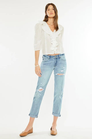Kancan Mid Rise Distressed Boyfriend Fit Jeans - Just Believe Boutique
