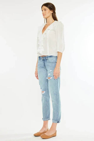 Kancan Mid Rise Distressed Boyfriend Fit Jeans - Just Believe Boutique