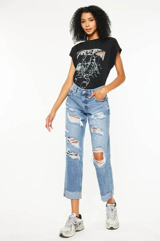 Kancan Mid Rise Distressed Boyfriend Fit Jeans - Just Believe Boutique