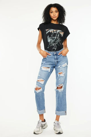 Kancan Mid Rise Distressed Boyfriend Fit Jeans - Just Believe Boutique