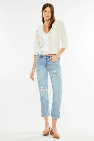 Kancan Mid Rise Distressed Boyfriend Fit Jeans - Just Believe Boutique