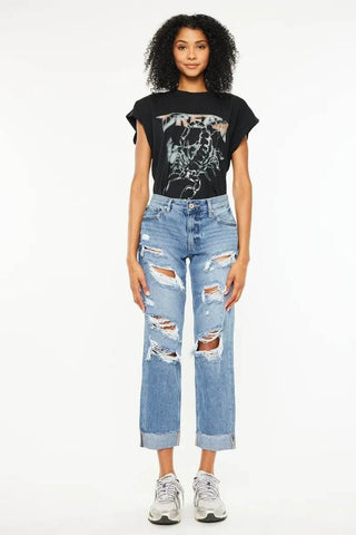 Kancan Mid Rise Distressed Boyfriend Fit Jeans - Just Believe Boutique