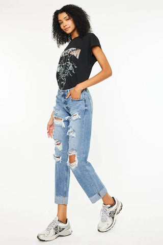 Kancan Mid Rise Distressed Boyfriend Fit Jeans - Just Believe Boutique