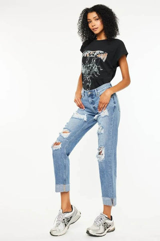 Kancan Mid Rise Distressed Boyfriend Fit Jeans - Just Believe Boutique