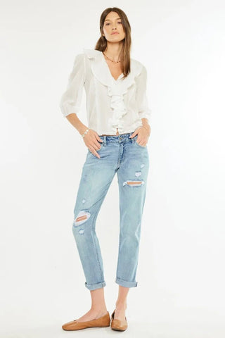 Kancan Mid Rise Distressed Boyfriend Fit Jeans - Just Believe Boutique