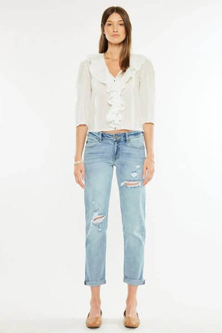 Kancan Mid Rise Distressed Boyfriend Fit Jeans - Just Believe Boutique