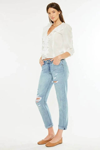 Kancan Mid Rise Distressed Boyfriend Fit Jeans - Just Believe Boutique