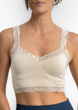 Ivory lace bralette with scalloped lace trim, V neckline, and ruched front