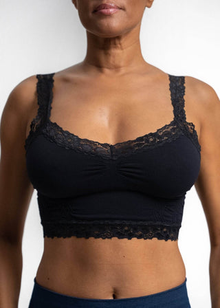 Black lace bralette with scalloped lace trim, wide straps, and gathered bust