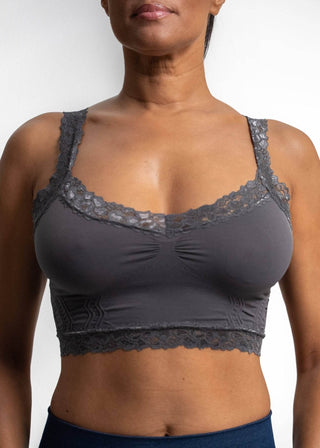 Charcoal gray lace bralette with scalloped lace trim, wide straps, and ruched bust