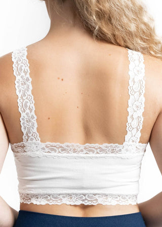 White lace bralette with open back and lace scalloped strap detail