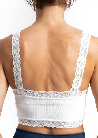 White lace bralette with open back and vertical lace trim