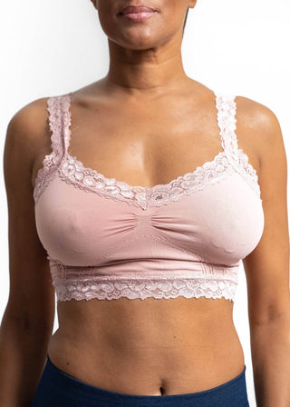 Dusty rose lace bralette with scalloped lace trim, V neckline, and ruched front