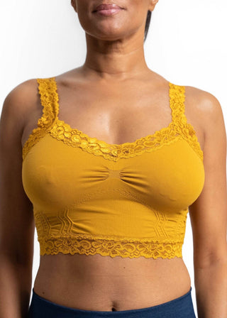 Gold lace bralette with scalloped lace trim, V neckline, and ruched bust