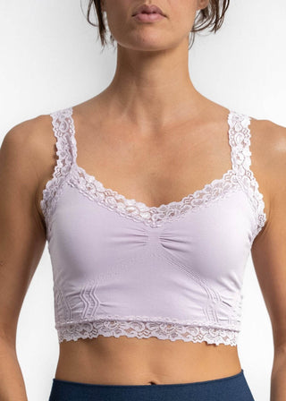 Lavender lace bralette with scalloped lace trim, V neckline, and ruched front