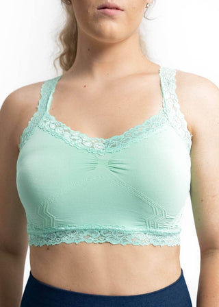 Mint green lace bralette with scalloped lace neckline and ruched center