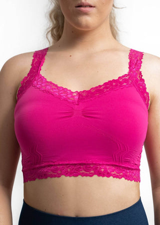Magenta lace bralette with scalloped lace neckline and lace-trim hem