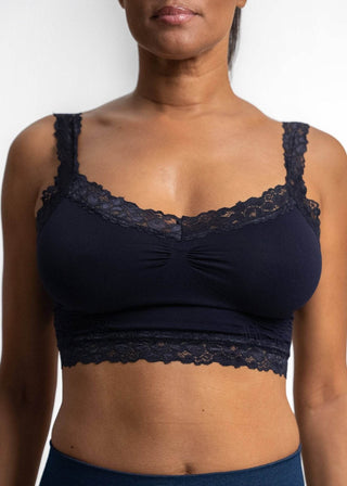Dark navy lace bralette with scalloped lace neckline and lace-trim hem