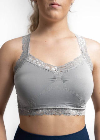 Soft gray lace bralette with scalloped lace neckline and ruched bust detail
