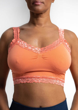 Coral lace bralette with scalloped lace neckline and lace-trim hem