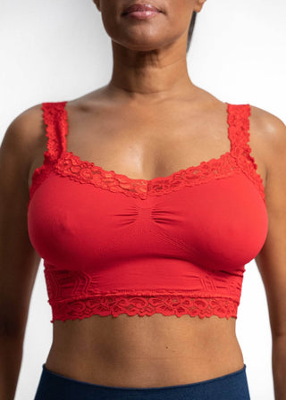 Red lace bralette with scalloped lace neckline and ruched bust detail