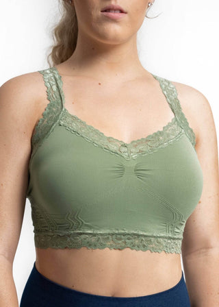 Sage green lace bralette with scalloped neckline and ruched front detail
