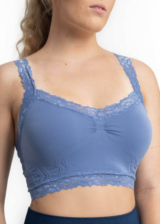 Blue lace bralette with scalloped neckline and ruched center front