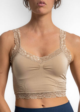 Beige lace bralette with scalloped neckline and ruched front panel
