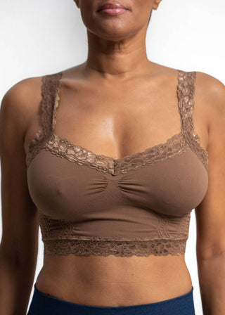 Espresso brown lace bralette with scalloped lace edges and ruched front
