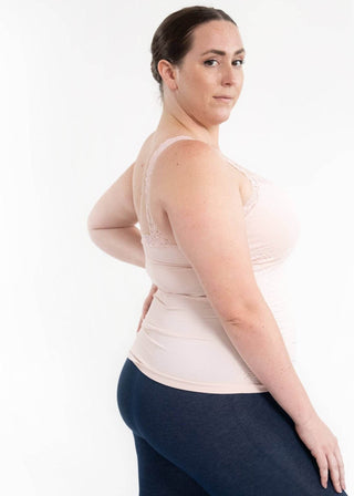 Curvy lace cami top with thin straps and scalloped lace trim, light cream color