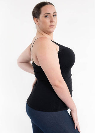 Black cami tank with scoop neckline and fitted back, curvy fit