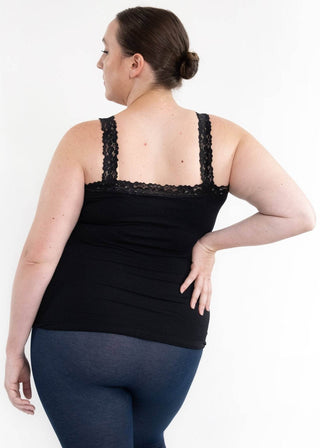 Black lace cami tank with adjustable straps and scooped back, curvy fit